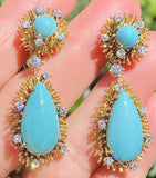 Vintage Retro Midcentury 18k Gold Turquoise Diamond Dangle Pendant Earrings