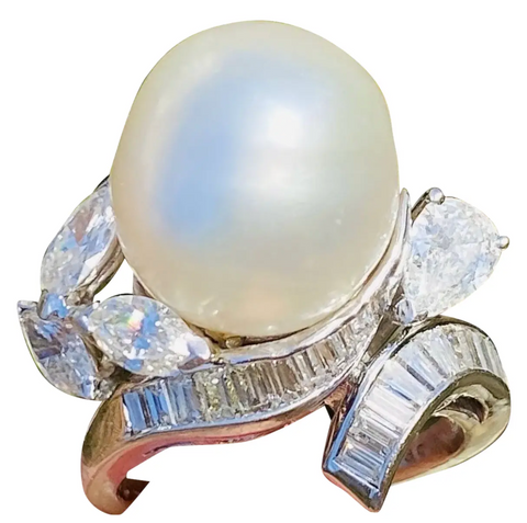 Vintage Estate 18k Gold South Seas Baroque Pearl 1.75ct Diamond Cluster Ring