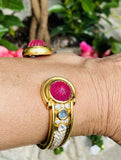 Vintage Estate Italian 18k Gold Pink Tourmaline Moonstone Diamond Cuff Bracelet