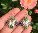Vintage Estate 18k Gold 3.80ct Emerald Sapphire VS Diamond Dangle Drop Earrings