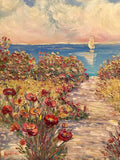 30x30” Pinks Floral Flowers Beach Seascape KADLIC Original Oil Painting Art