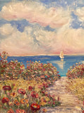 30x30” Pinks Floral Flowers Beach Seascape KADLIC Original Oil Painting Art