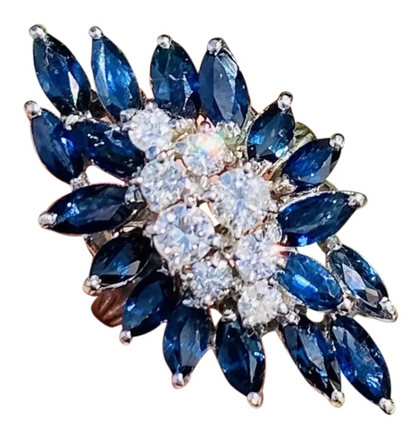 Vintage Retro 14k White Gold 2.5ct Blue Sapphire VS Diamond Cocktail Ring