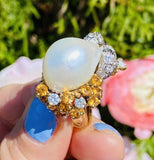 Vintage La Triomphe 18k Gold Baroque Pearl G VS Diamond Citrine Ring