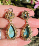Vintage Retro Midcentury 18k Gold Turquoise Diamond Dangle Pendant Earrings