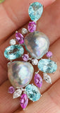 Vintage Estate 18k Gold Diamond Pearl Pink Sapphire Tourmaline Brooch Pendant