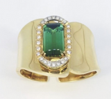 Retro Estate 18k Gold 21.75 ct Green Tourmaline VS Diamond Cuff Bangle Bracelet