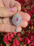 Vintage Estate 1950s 14k Gold E/F VS1 Diamond Halo Ruby Necklace Pendant Drop