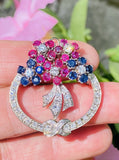 Vintage Art Deco 1940s 14k Gold Ruby Sapphire Diamond Brooch Pin Pendant
