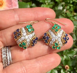 Vintage Estate 18k Gold 3.80ct Emerald Sapphire VS Diamond Dangle Drop Earrings