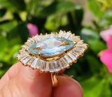 Vintage 18k Gold Aquamarine Ring-Dant Diamond Baguette Halo Ballerina Ring
