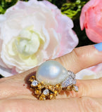 Vintage La Triomphe 18k Gold Baroque Pearl G VS Diamond Citrine Ring