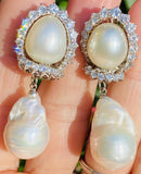 Striking 18k Gold Vintage South Sea Pearl 2.20ct VS Diamond Drop Earrings