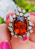 Vintage 14k Gold Mandarin Citrine Marquise Diamond Halo Ballerina Cocktail Ring