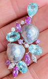 Vintage Estate 18k Gold Diamond Pearl Pink Sapphire Tourmaline Brooch Pendant