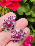 Vintage 1950s  18k Gold Ruby Cabachon VS Diamond Cluster Drop Earrings