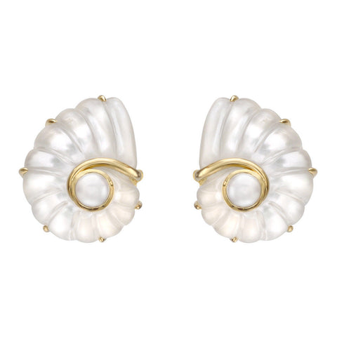 Trianon RARE 18k Gold Mother of Pearl Rock Crystal Shell Nautilus Earrings