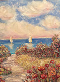 30x30” Pinks Floral Flowers Beach Seascape KADLIC Original Oil Painting Art