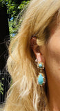 Vintage Retro Midcentury 18k Gold Turquoise Diamond Dangle Pendant Earrings