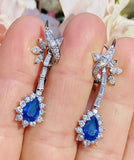 Vintage 18k Gold Royal Blue Sapphire G-H VS Diamond Dangle Drop Pendant Earrings
