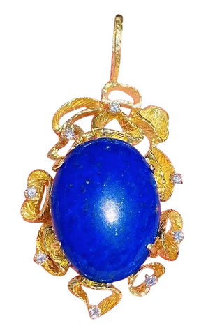 Vintage 1960s-70s Large Retro 18K Gold Lapis Lazuli Diamond Necklace Pendant