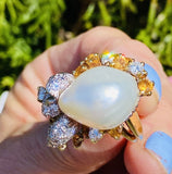 Vintage La Triomphe 18k Gold Baroque Pearl G VS Diamond Citrine Ring