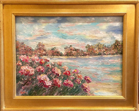 KADLIC Abstract Sunset Seascape Impasto Original Oil Painting Gold Frame 24
