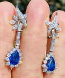 Vintage 18k Gold Royal Blue Sapphire G-H VS Diamond Dangle Drop Pendant Earrings