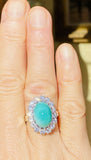 Vintage Estate 14k Gold Turquoise Cabachon 9ct Diamond Halo Ballerina Ring
