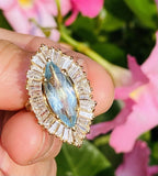Vintage 18k Gold Aquamarine Ring-Dant Diamond Baguette Halo Ballerina Ring