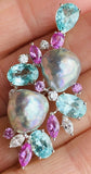 Vintage Estate 18k Gold Diamond Pearl Pink Sapphire Tourmaline Brooch Pendant