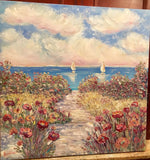 30x30” Pinks Floral Flowers Beach Seascape KADLIC Original Oil Painting Art