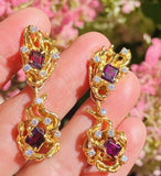 18k Gold ARTHUR KING Red Rubellite Tourmaline VS Diamond Dangle Earrings