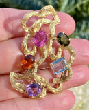 Vintage SEIDENGANG 18k Gold Tourmaline Aquamarine Gemstone Pendant Brooch