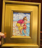 KADLIC Original Oil Painting Impressionist Beach Mother Child Boy Gold Frame