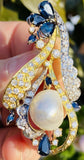 Vintage 1950 14k Gold 5ct VS Diamond Blue Sapphire Baroque Pearl Pendant Brooch