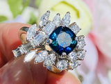 Vintage 1950s Estate Platinum 4ct Blue Sapphire Diamond Cluster Cocktail Ring