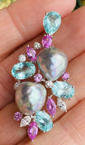 Vintage Estate 18k Gold Diamond Pearl Pink Sapphire Tourmaline Brooch Pendant