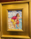 KADLIC Original Oil Painting Impressionist Beach Mother Child Boy Gold Frame