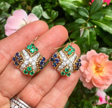 Vintage Estate 18k Gold 3.80ct Emerald Sapphire VS Diamond Dangle Drop Earrings