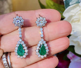 Vintage Estate 18k Gold 8.00ctw Emerald Diamond Halo Pear Dangle Drop Earrings