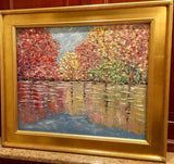 KADLIC Abstract Autumn Trees  Landscape Art Original Oil Painting Gold Frame 24”