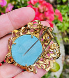 HUGE Vintage 1960s ARTHUR KING 18k Gold Diamond Turquoise Pearl Pendant Brooch