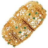 Heavy Vintage Midcentury 1970 Estate 18k Gold Emerald VS Diamond Bracelet 97g