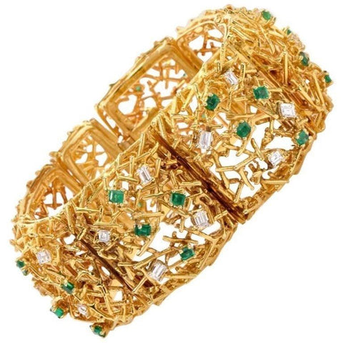 Heavy Vintage Midcentury 1970 Estate 18k Gold Emerald VS Diamond Bracelet 97g