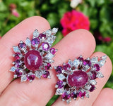 Vintage 1950s  18k Gold Ruby Cabachon VS Diamond Cluster Drop Earrings