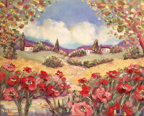 KADLIC Tuscany Italy Red Poppy Poppies  Landscape Original Oil Painting 24"x30"