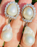 Striking 18k Gold Vintage South Sea Pearl 2.20ct VS Diamond Drop Earrings