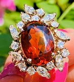 Vintage 14k Gold Mandarin Citrine Marquise Diamond Halo Ballerina Cocktail Ring
