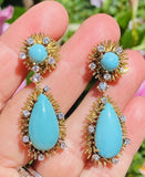 Vintage Retro Midcentury 18k Gold Turquoise Diamond Dangle Pendant Earrings